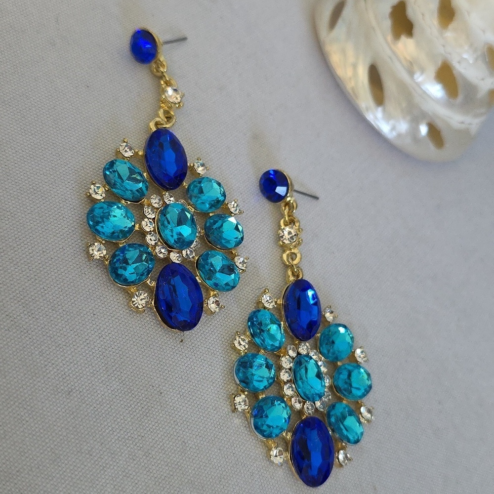 Statement Earrings Turquoise and Royal Blue Crystal Stones